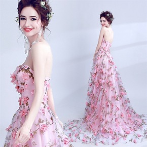  Evening Dress for women girls Pink Flower Lace Bra singer host Performance Dress Bride Wedding Banquet Annual Meeting cocktail party  banquet Dress