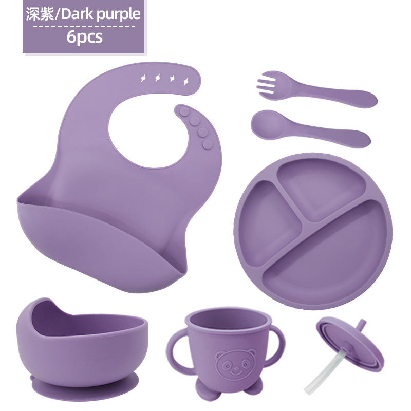 Vajilla de silicona para niños Juego de 6 piezas de silicona para bebés Tazón de alimentos complementarios separados Cuchara tenedor Taza para aprender a beber Juego de vajilla para madres y bebés