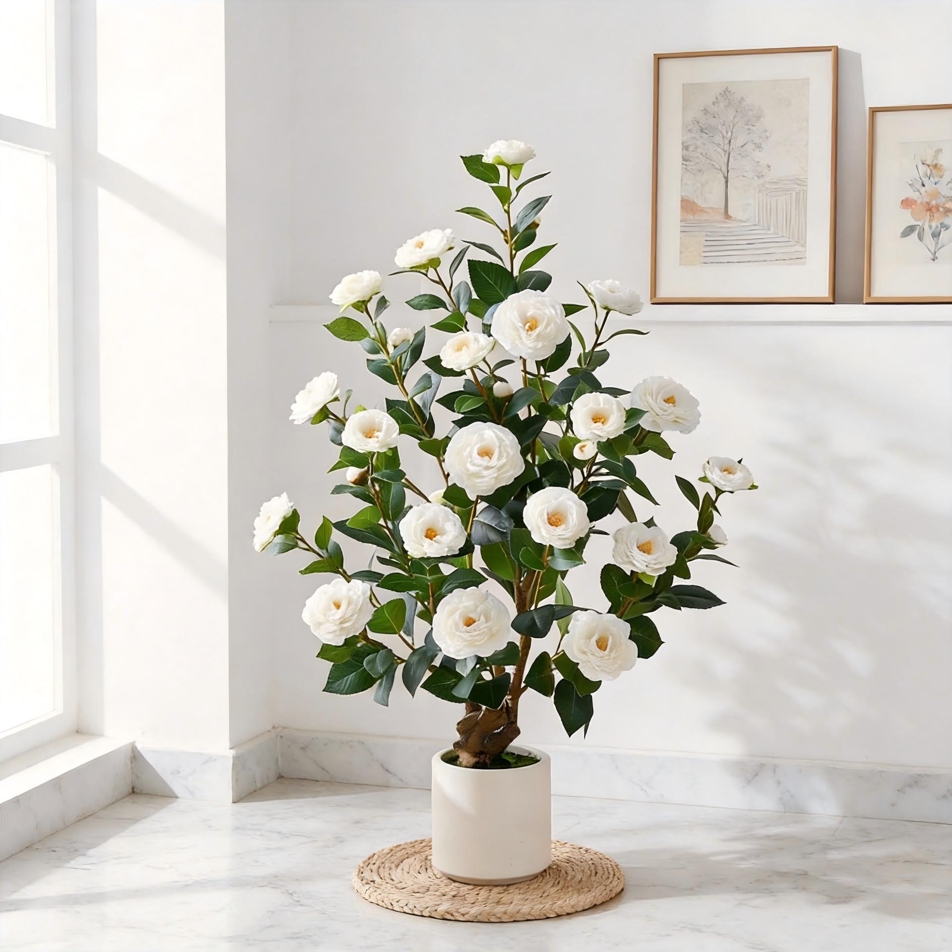 Desmontaje transfronterizo de camélia árbol de simulación de flores verde camélia maceta árbol falso sala de estar plantación biónica de plantas verdes flores falsas