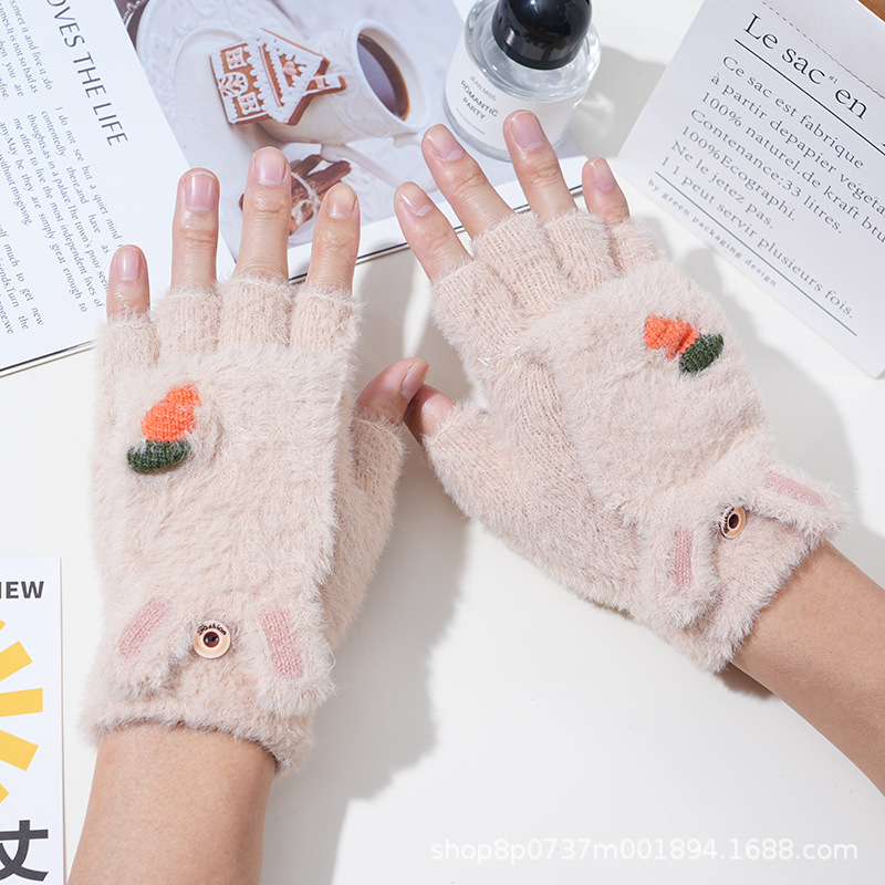 Invierno de las mujeres cálido forrado de lana engrosada estudiante escritura de moda montar lindo punto medio dedo flip guantes de dibujos animados