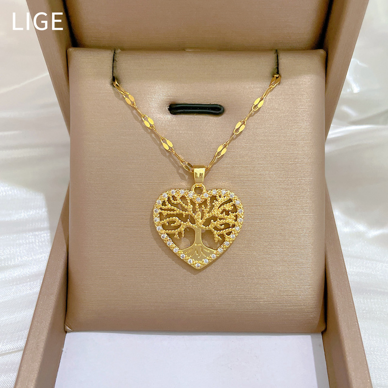 Gorgeous Tree Of Life Full Diamond Necklace Titanium Steel Chain_voghion.com