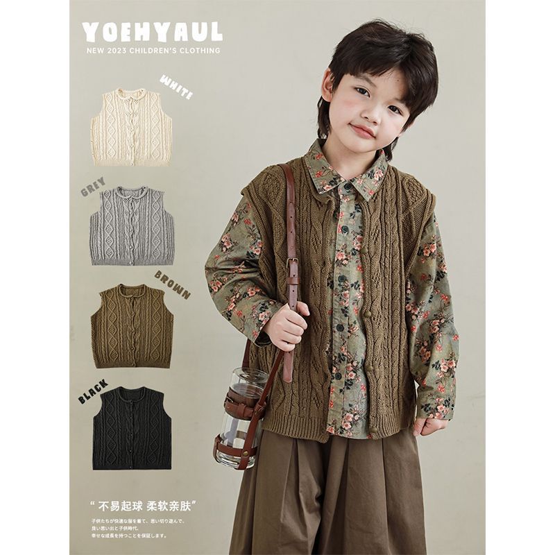 Boys' Retro Twisted Edge Collar Sweater Vest Autumn New Children's Knitted Cardigan Vest Trendy Boys' Retro Twisted Edge Collar Sweater Vest Autumn New Children's Knitted Cardigan Vest Trendy
