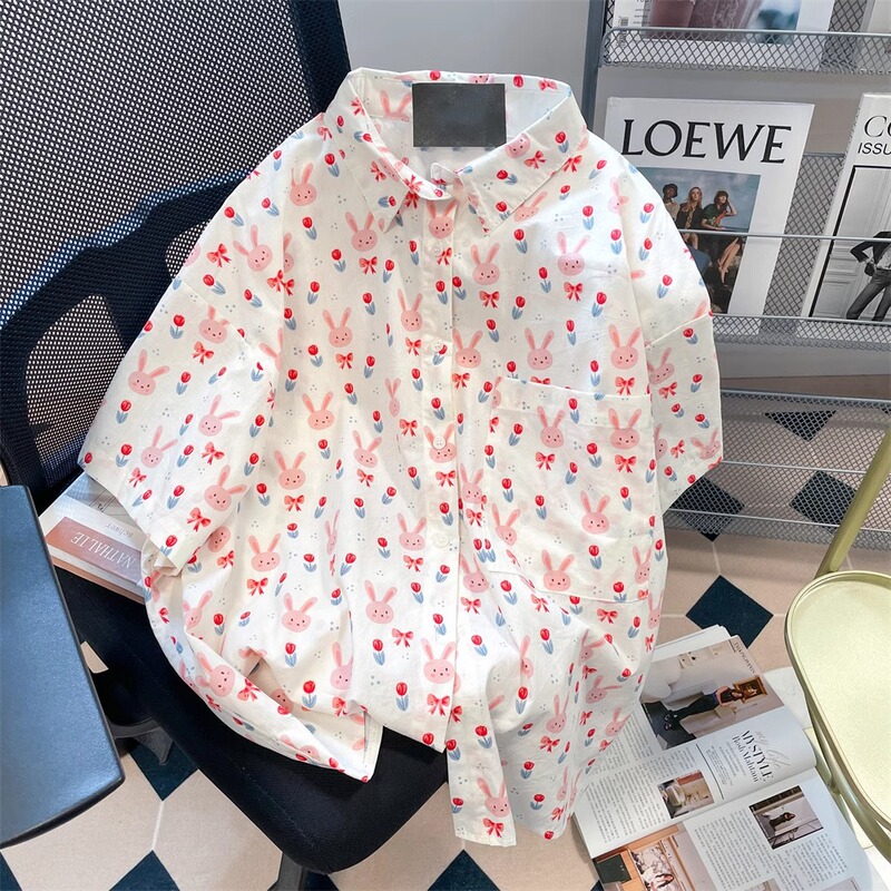 Japanese Style Sweet Niche Printed Shirt 2024 Summer Loose Top Short-sleeved Student Shirt Women's Sunscreen Cardigan