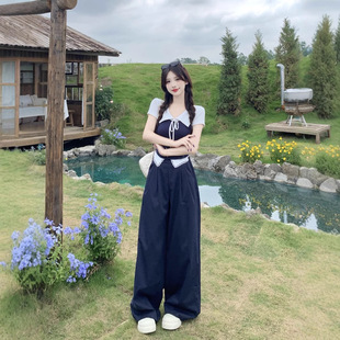 Plus Size Fat mm Summer New Loose Casual Women's Flesh-Covering T-Shirt Navy Blue Splicing Top Suit
