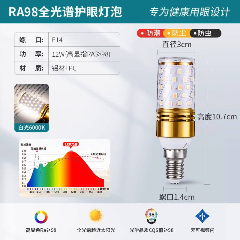 全光谱LED灯泡玉米灯家用e27螺纹e14螺口节能灯三色光源照明吊灯|undefined