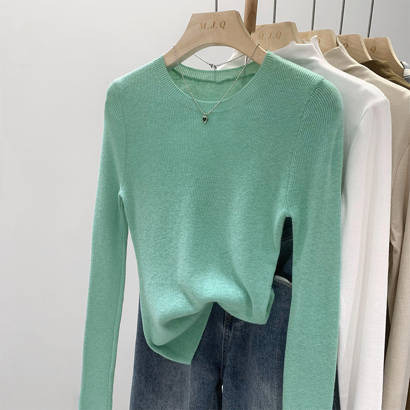 Candy Color Mint Green Crewneck Pullover Knitted Base Shirt Women's Spring and Autumn Slim-fit Thin Micro-transparent Inner Long Sleeve