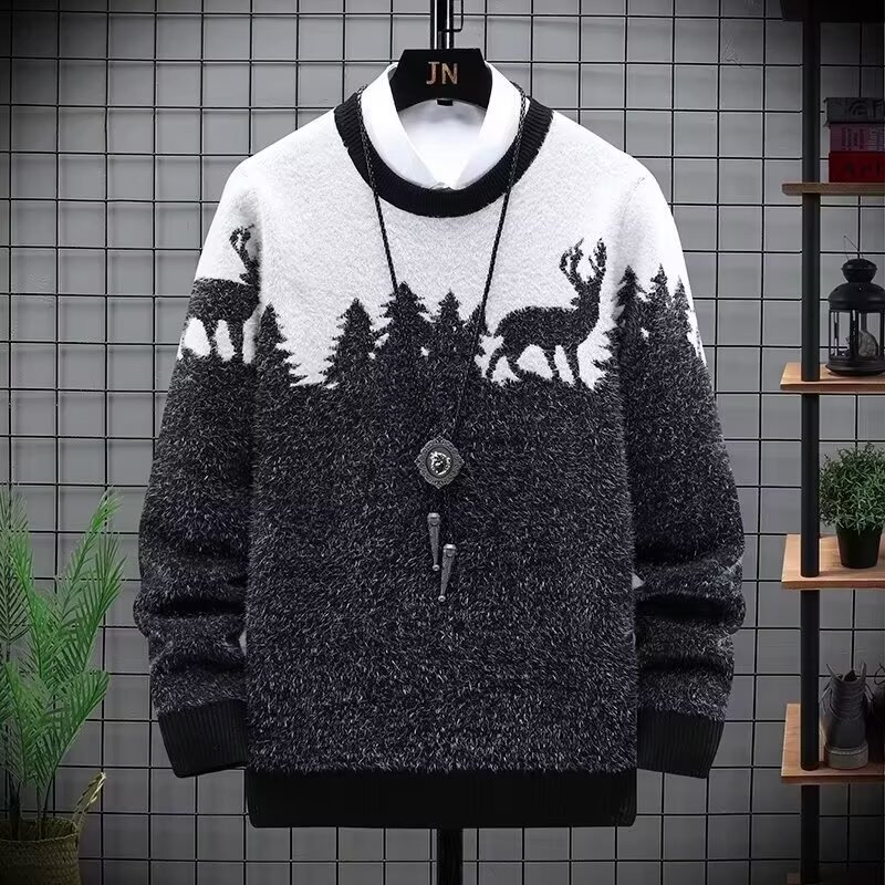 Pull d'hiver épais et oversize pour homme, col rond, coupe ample et tendance, idéal pour adolescents et jeunes adultes. Disponible en noir, marine et bordeaux._voghion.com