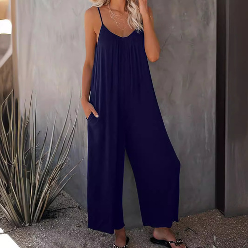 Plus-size women's fashion casual stylish pure color spaghetti strap jumpsuit