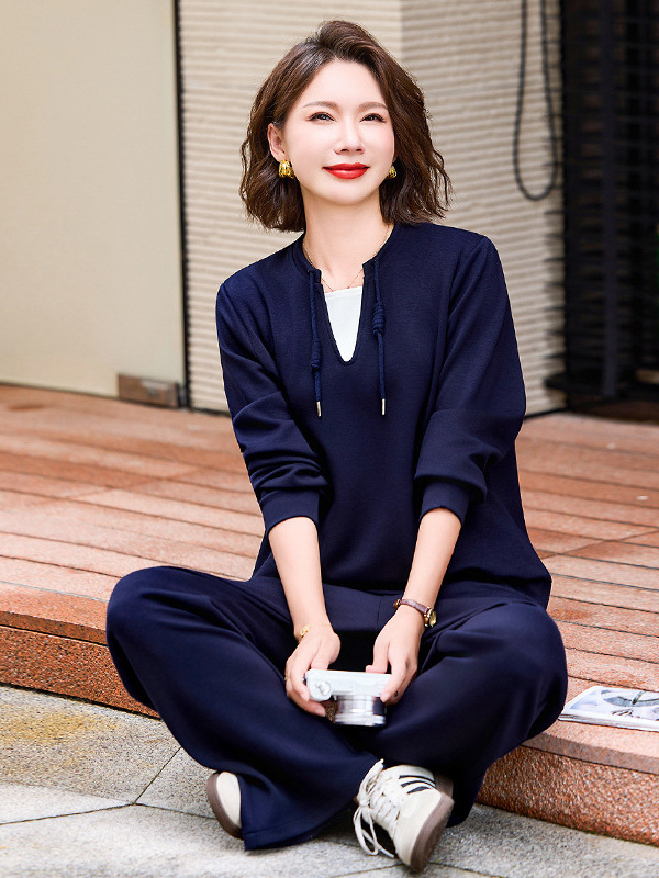 时尚休闲运动套装女妈妈装秋季新款长袖卫衣直筒裤子中老年两件套|undefined