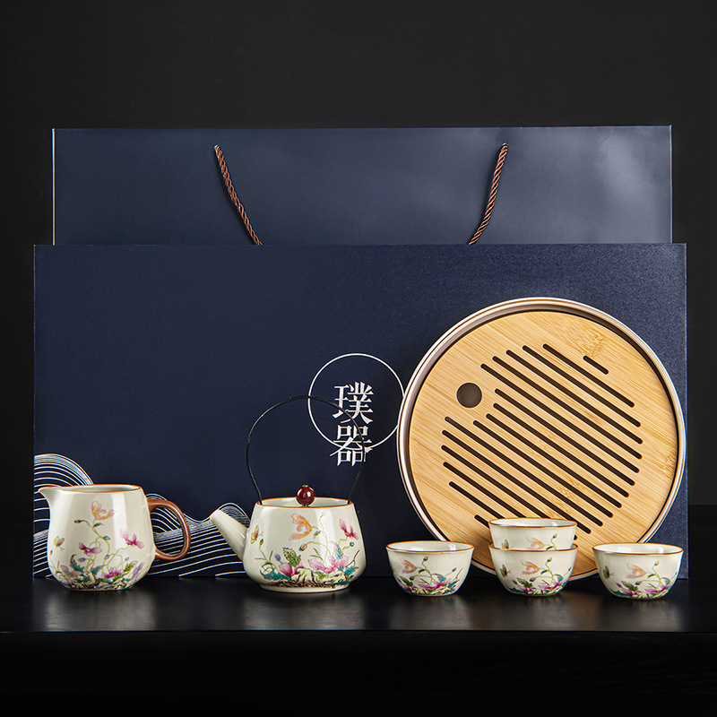 Ru Kiln Yu Meiren beam pot suit ceramic kung fu tea set teapot suit home gift one-piece delivery