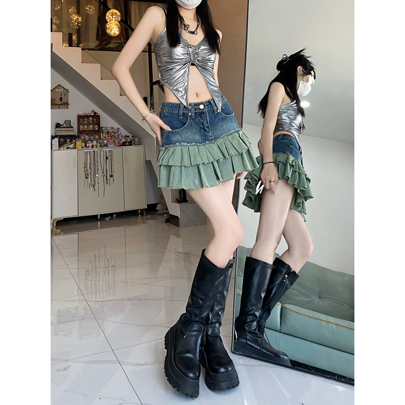 Реже цена! Повседневная сладкая юбка А-филигранная плиссированная джинсовая юбка женская летняя новая юбка с высокой талией