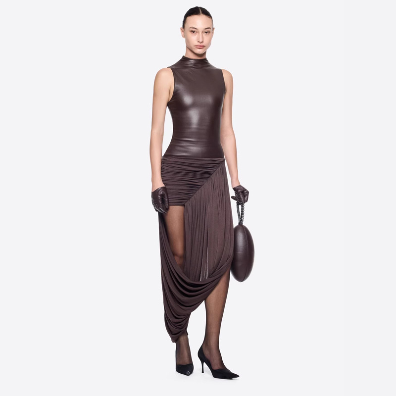 Cross-Border European and American Fashion Personalized Party Evening Dress, Slim-Fitting, Elegant, Leather Hip-Hugging, Sexy Sleeveless Banquet Dress
