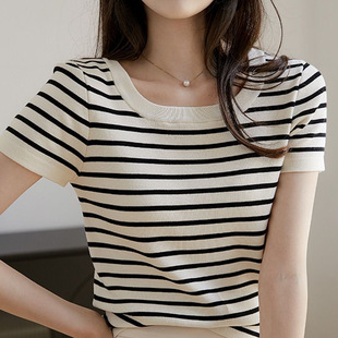Ice Silk Striped Design Short-Sleeve Plus-Size T-Shirt for Women, Square-Neck Knit Base Shirt, Summer Short Slim-Fit Top for Women