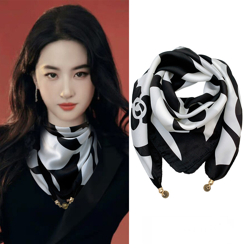 블랙-큰 동백-(65 모조 실크 자석 버클 스퀘어 스카프)