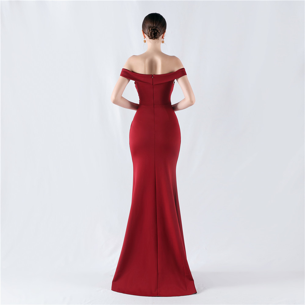 Classic off Shoulder High Fork Fishtail Satin Evening Dress