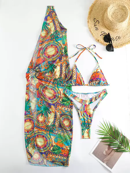 New European and American Beach Skirt Three-Piece Mesh Swimsuit Women's Pure Desire Backless Deep V Bikini One-Shoulder Sun Protection Swimsuit