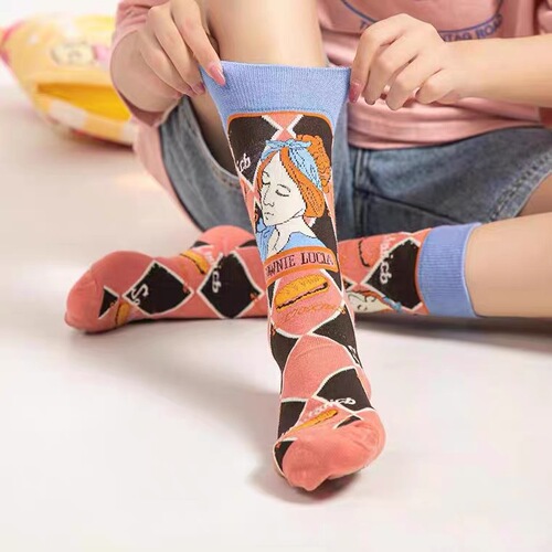 Trendy brand lolita French illustration cartoon literary female medium high-top retro pink cat cute girl socks