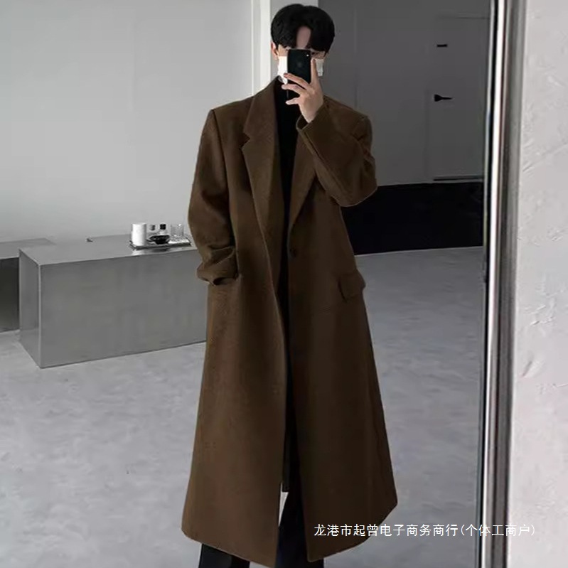 毛呢大衣男中长款过膝黑色秋冬季宽松加厚呢子外套ins潮韩系风衣
