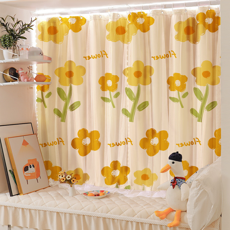 No-Drill Installation Simple Curtain for Bedroom Blackout with Rod, Complete Set for Small Windows, Bay Window Covering Fabric, Rental Room Door Curtain