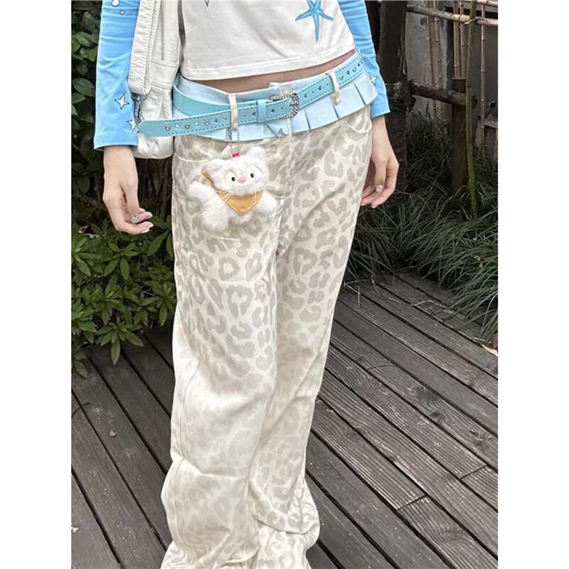 High-Waisted Retro Leopard Print Skirt Design with Loose Jeans for Women, New Straight-Leg Slimming Floor-Length Wide-Leg Pants