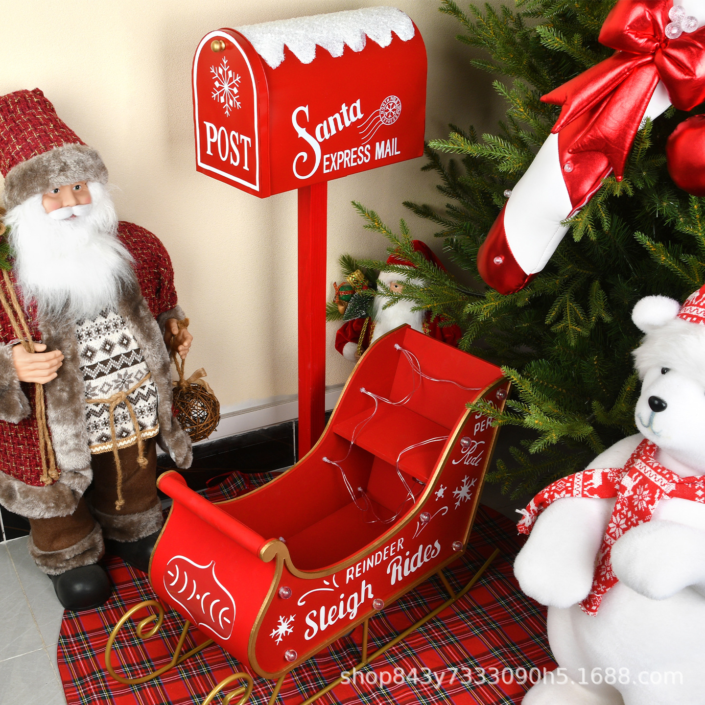 Decoración de Navidad nueva casa de madera caja de correo de hierro forjado trineo con decoración de luces bar café decoración de tiendas
