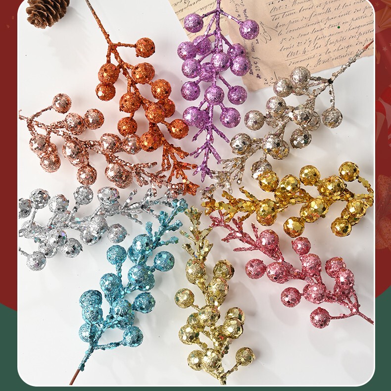 Amazon's Popular Creative 12-Piece Gold Glitter Christmas Red Fruit Fortune Fruit Coffee Hard-Stemmed Christmas Tree Decoration Christmas Fruit