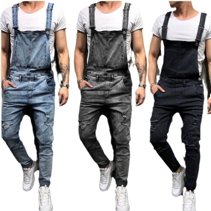 Amazon nuevos hombres casuales estilo coreano jeans suspender jumpsuit retro Pantalones