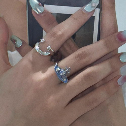 The Western Empress Sputnik Enamel Oil Texture Ring with Double Smile Inscription, Adjustable Finger Ring, Fashion Trend