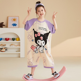 100% Cotton Kidsren's Pajamas Girls Summer One-Piece Thin Anti-Kick Quilt Little Girls Middle and Large Kidsren Cartoon Home Clothes