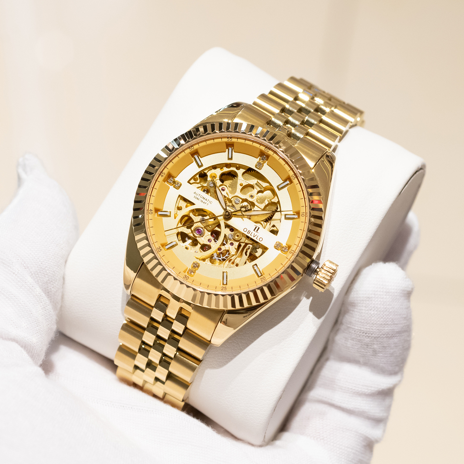 Oblvlo Opulo Men's Fully Automatic Mechanical Watch Fashion Gold Hollow with Diamond Transparent Bottom Watch