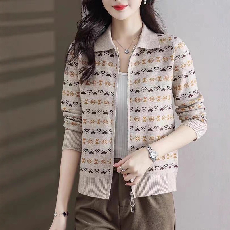 羊绒毛衣女新款春秋中年妈妈拉链开衫外套加厚针织衫提花上衣短款