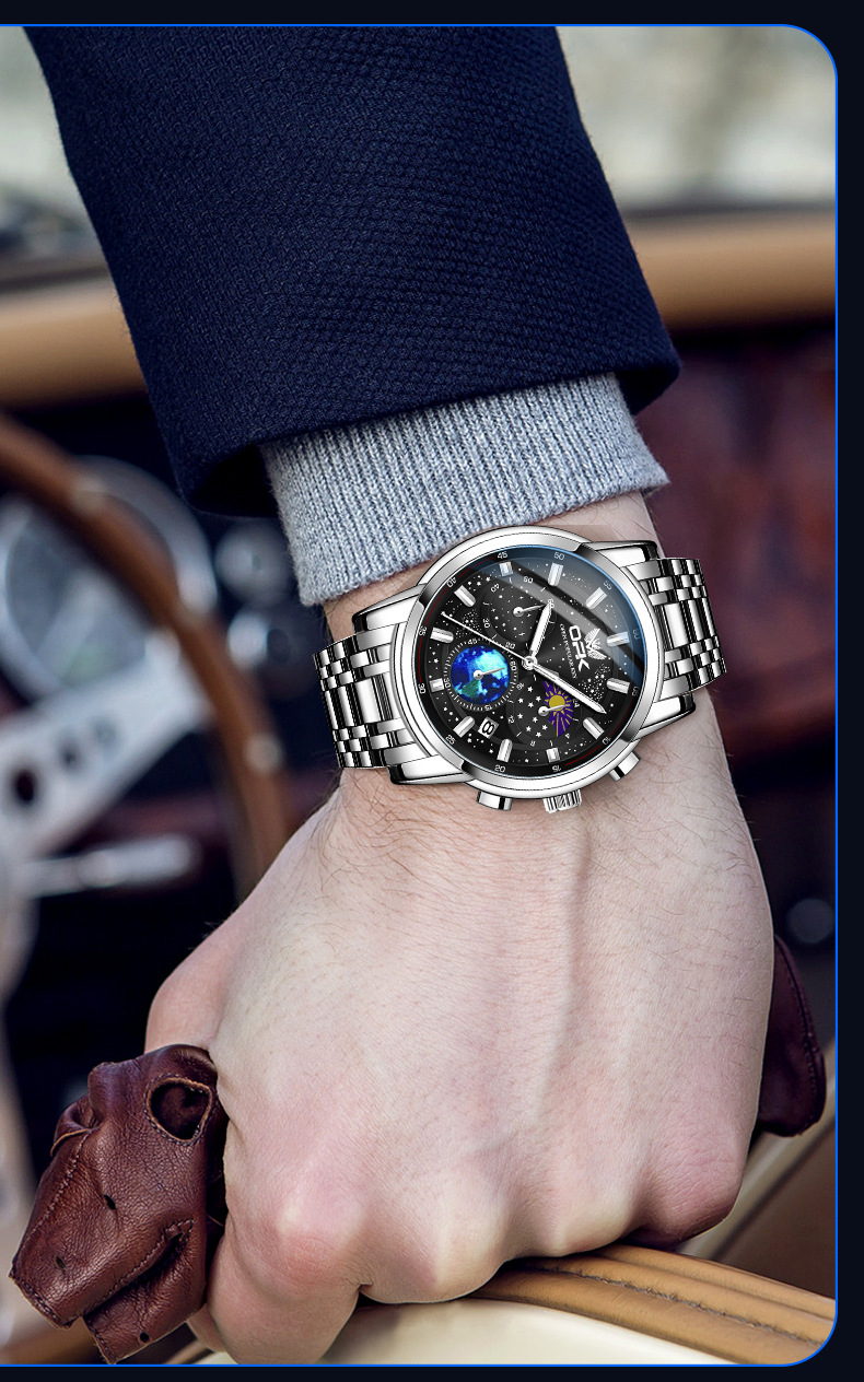 Opk Men's Quartz Watch Moon Phase Chronograph Glow Dial Wristwatch_voghion.com