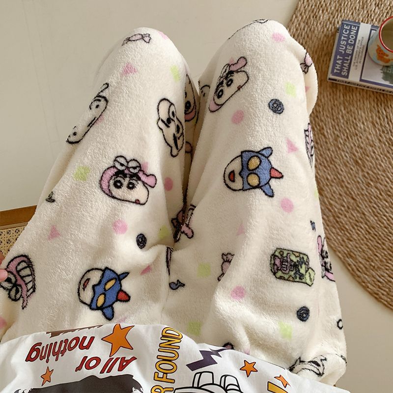 Pantalones de pijama de franela de dibujos animados de otoño y invierno para mujeres con pantalones de lana de coral caliente para estudiantes de lana de invierno para el hogar