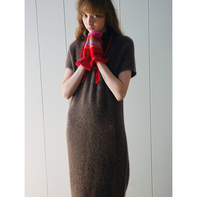 [Da He] Autumn New Casual Half-High Collar Slim Long Alpaca Seamless Long Dress for Women H9829