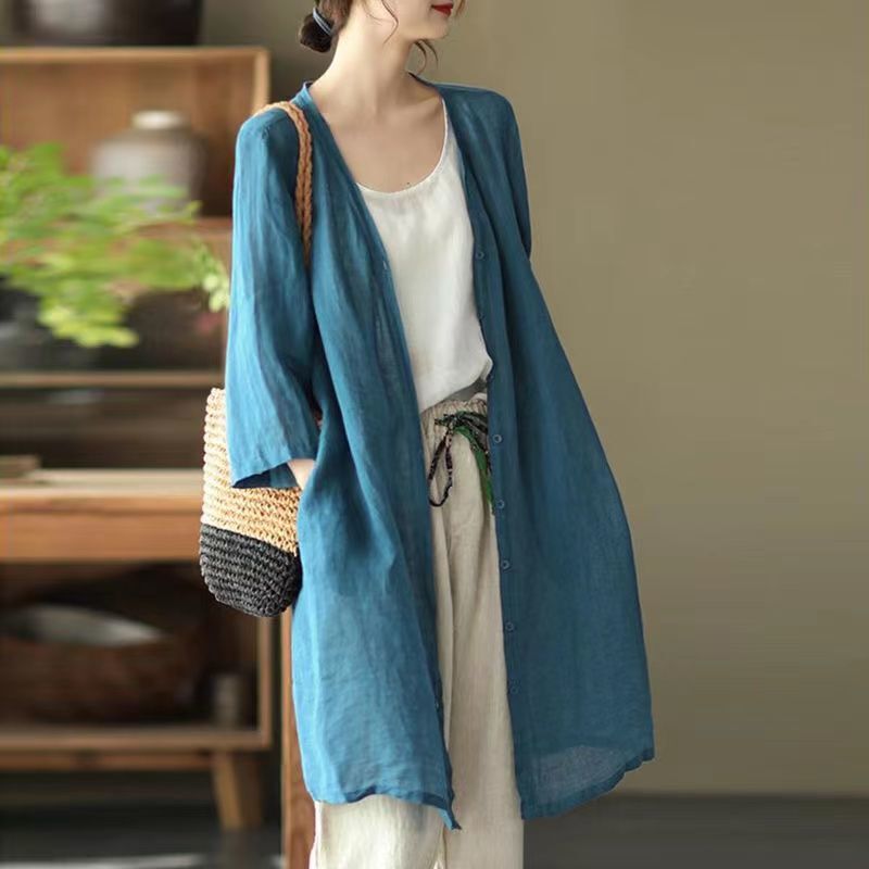 2026 Summer and Autumn New Vintage Cotton and Linen Mid-Length Cardigan for Women, Loose Artistic Plus Size Casual Air Conditioning Shirt for Outerwear