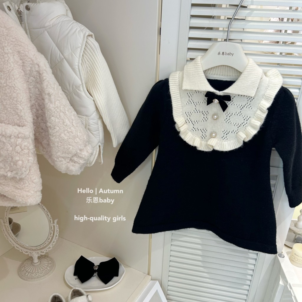 [Leen Kids] Otoño e invierno para niñas nuevo vestido de fragancia pequeña negra falda de punto de estilo occidental falda de princesa de moda