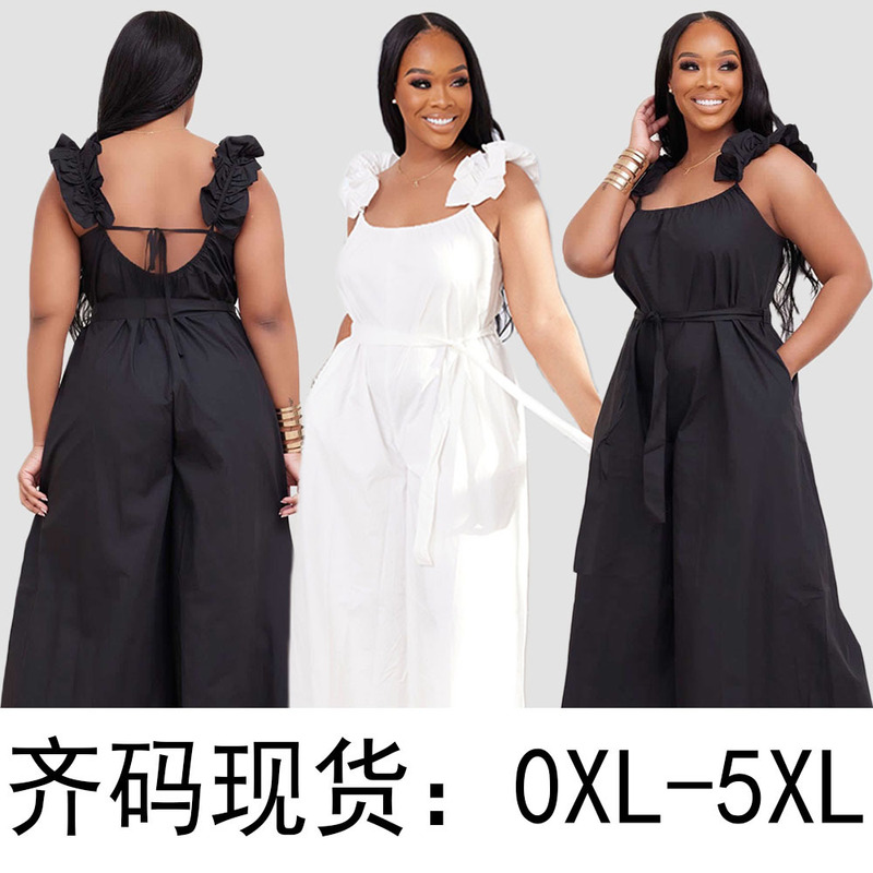 GT9113 Plus Size Lace Shoulder Strap Back Hollow Solid Color Plus Size Cool Silk Pumpsuit Loose
