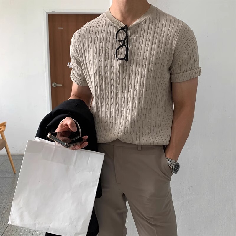Short-Sleeve Knit T-Shirt for Men, Ice Silk Summer Woven Cable Texture, Old Money Style, Business Cross-Border Factory Wholesale Short-Sleeve Knit T-Shirt for Men, Ice Silk Summer Woven Cable Texture, Old Money Style, Business Cross-Border Factory Wholesale