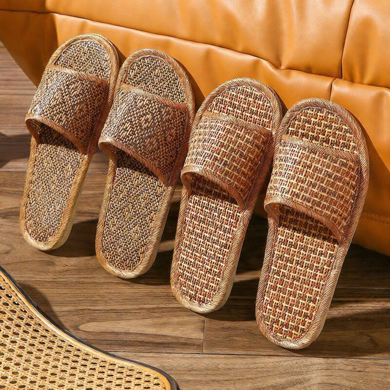 Bamboo woven rattan summer home couple's straw mat slippers, indoor non-slip soft-soled wooden floor home faux rattan slippers Bamboo woven rattan summer home couple's straw mat slippers, indoor non-slip soft-soled wooden floor home faux rattan slippers
