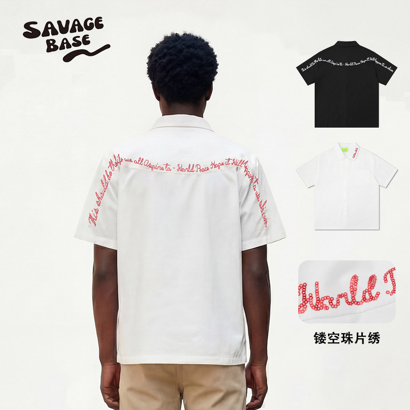 Savagebase Exquisite Sequin Letter Embroider Niche Shirt 2026 Summer New Short-Sleeved Shirt Cross-Border