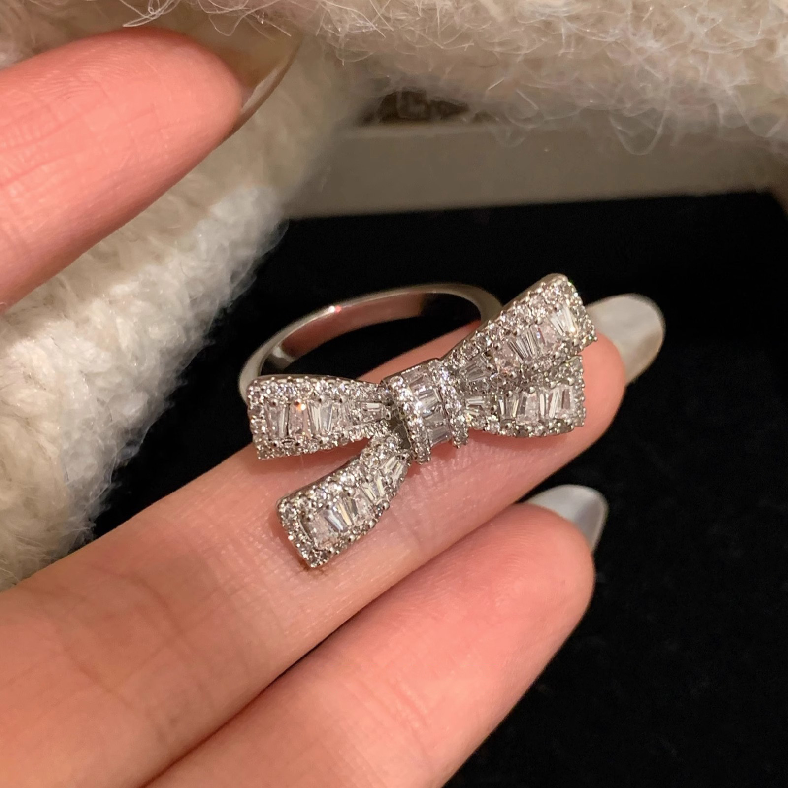 Sterling Silver Bowknot Zircon Ring For Women Adjustable Designer_voghion.com