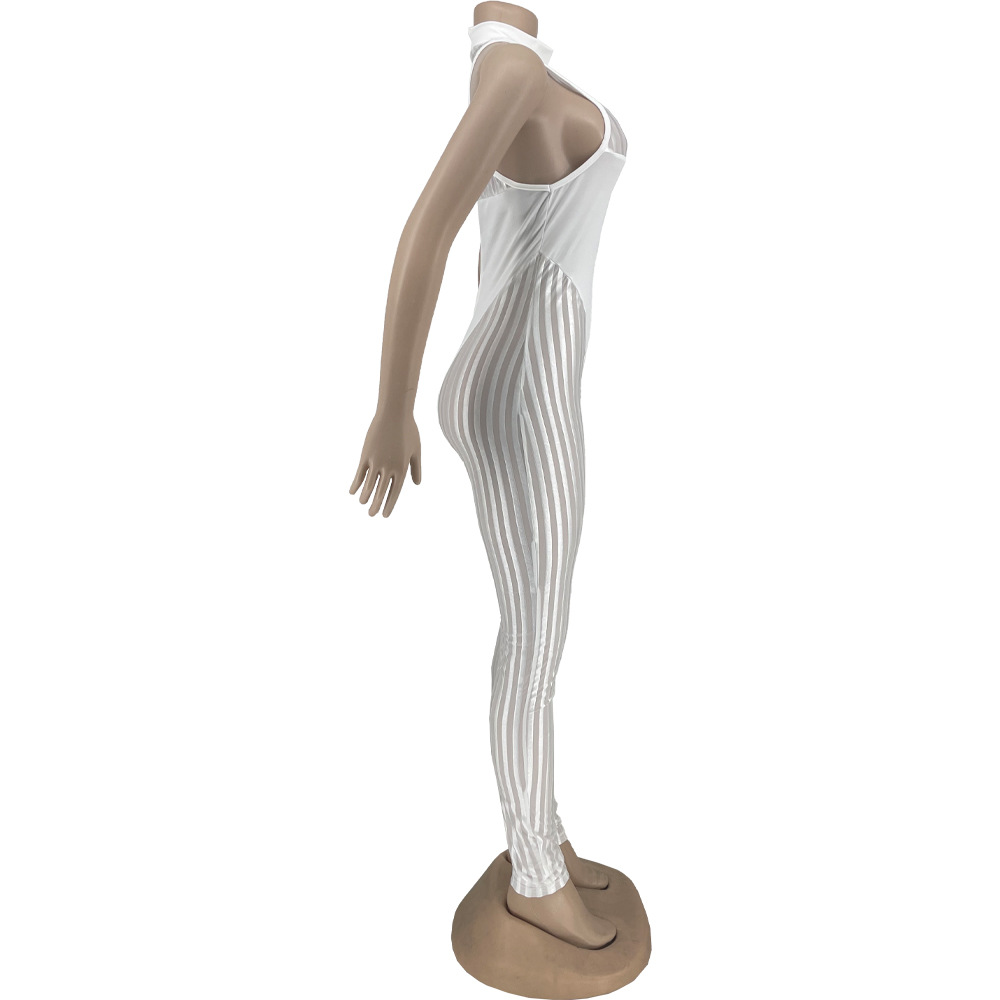 Women Clothing Sexy Mesh Stripes Stitching Women Jumpsuit