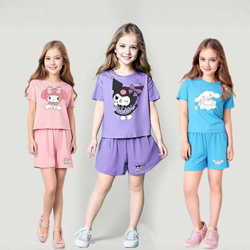 New arrival small and medium-sized girls baby dopamine cartoon fashion simple T-shirt ins shorts two-piece suit 2025 summer
