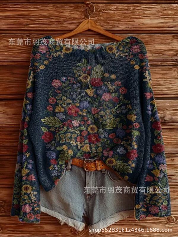 独立站新款高领卫衣仿毛衣 秋冬季碎花圆领宽松毛衣2|undefined