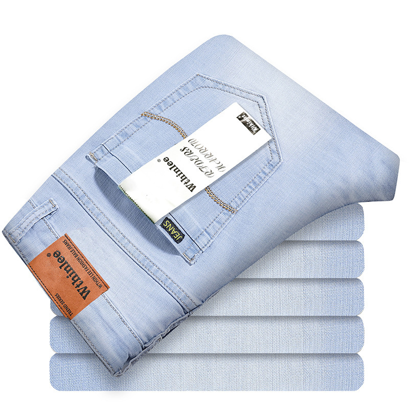 Summer thin light-colored jeans men's slim straight youth stretch casual all-match washed sky blue long pants