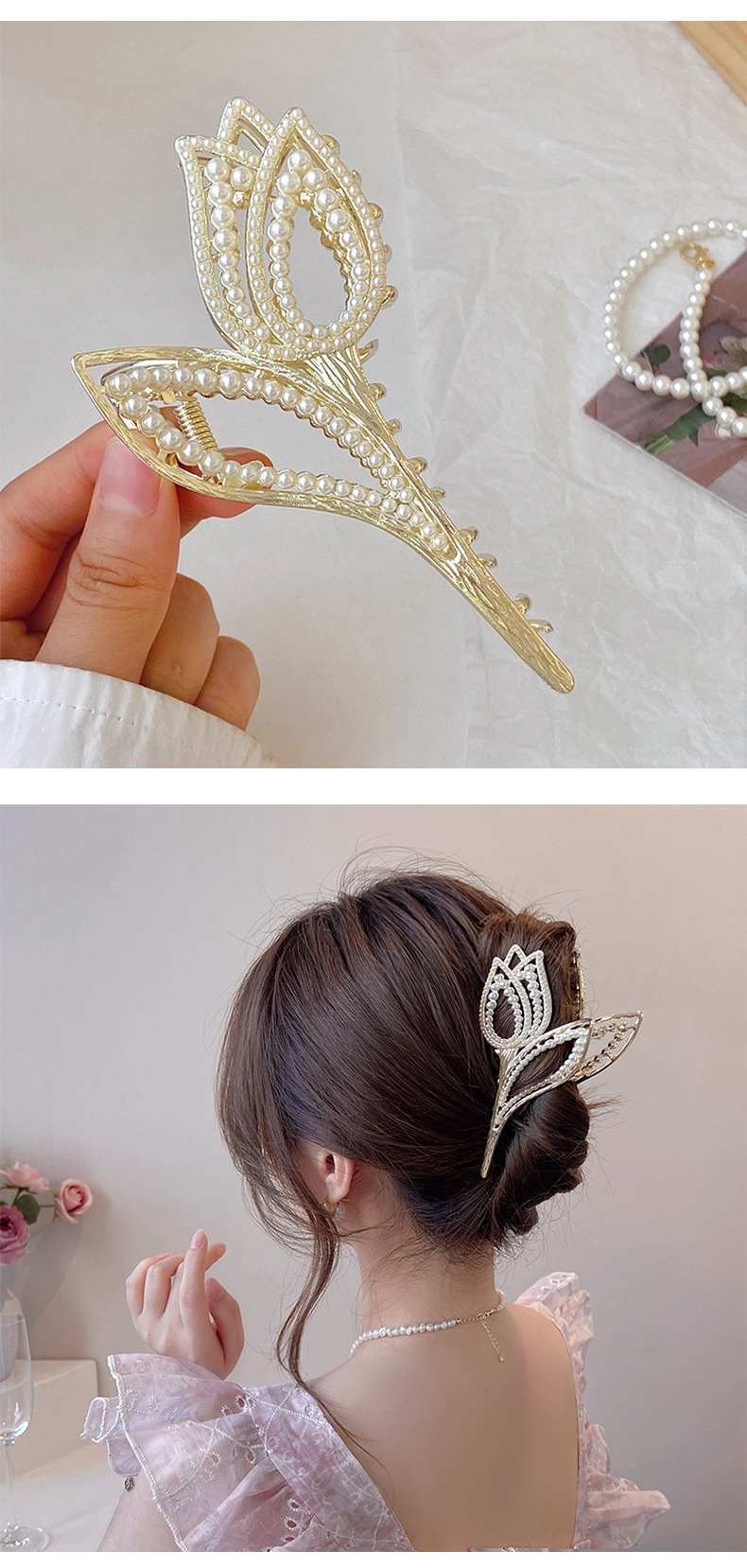 Fashion Tulip Shaped Barrettes Inlay Pearl Rhinestone Summer Hair Clip display picture 3