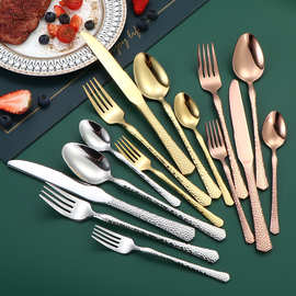 跨境锤纹不锈钢刀叉勺五件套餐具套装高档西餐牛排刀叉镀金餐勺叉