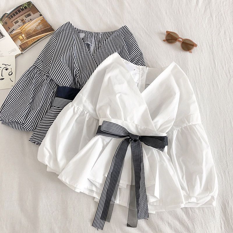 2025 Spring New Korean Style Bow Tie Striped Waist Versatile V-Neck Back Button Nine-Quarter Sleeve Shirt for Women