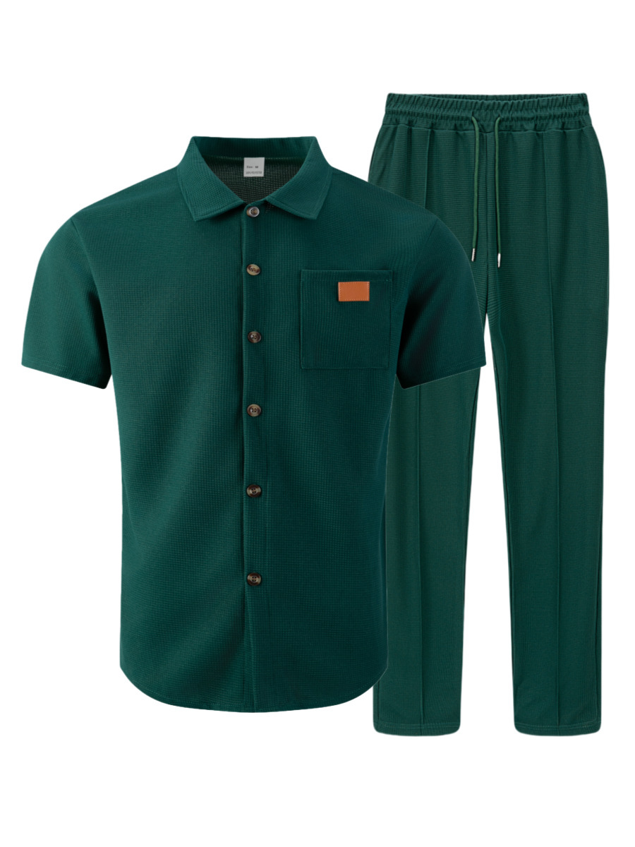 Herren Waffelstrick Set Hemd Mit Hose Zweiteiler Sommer Mode_voghion.com