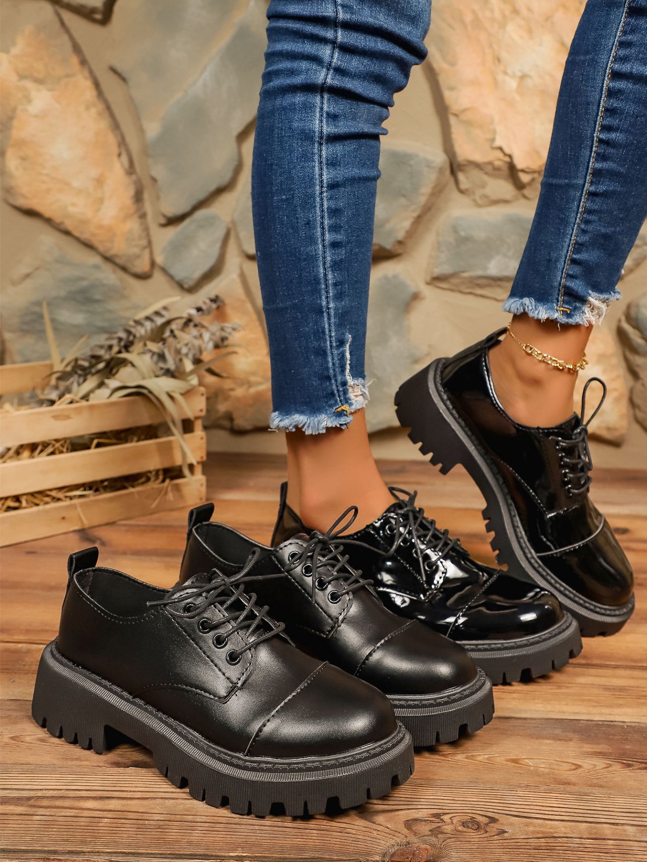 Scarpe eleganti donna stringate loafer retro punta tonda pelle_voghion.com